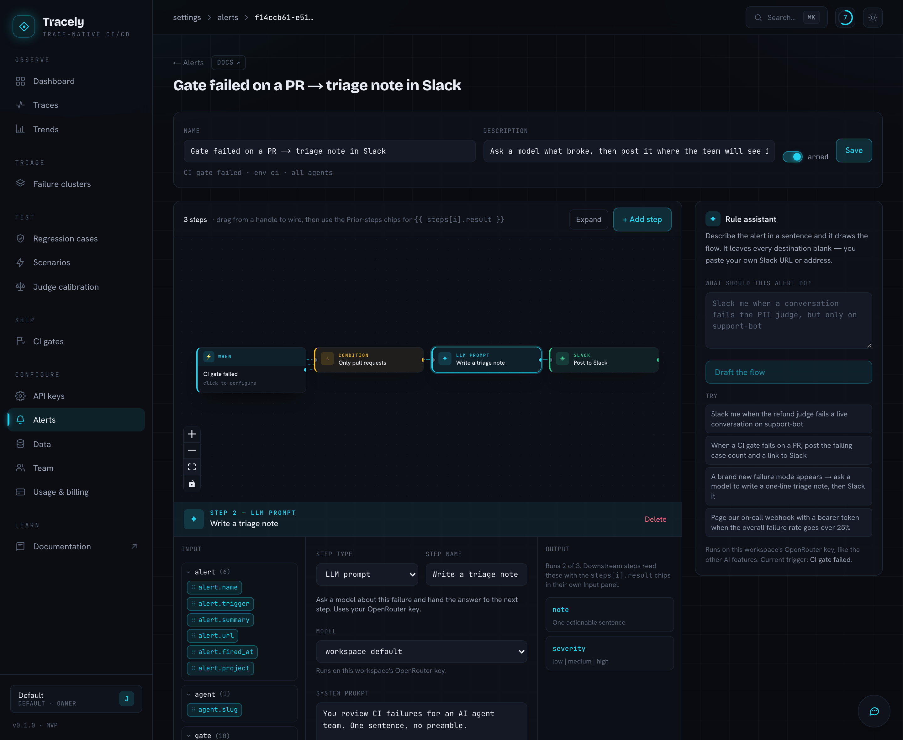 The alert flow builder: a When node wired through a condition, an LLM step and Slack, with the inspector below
