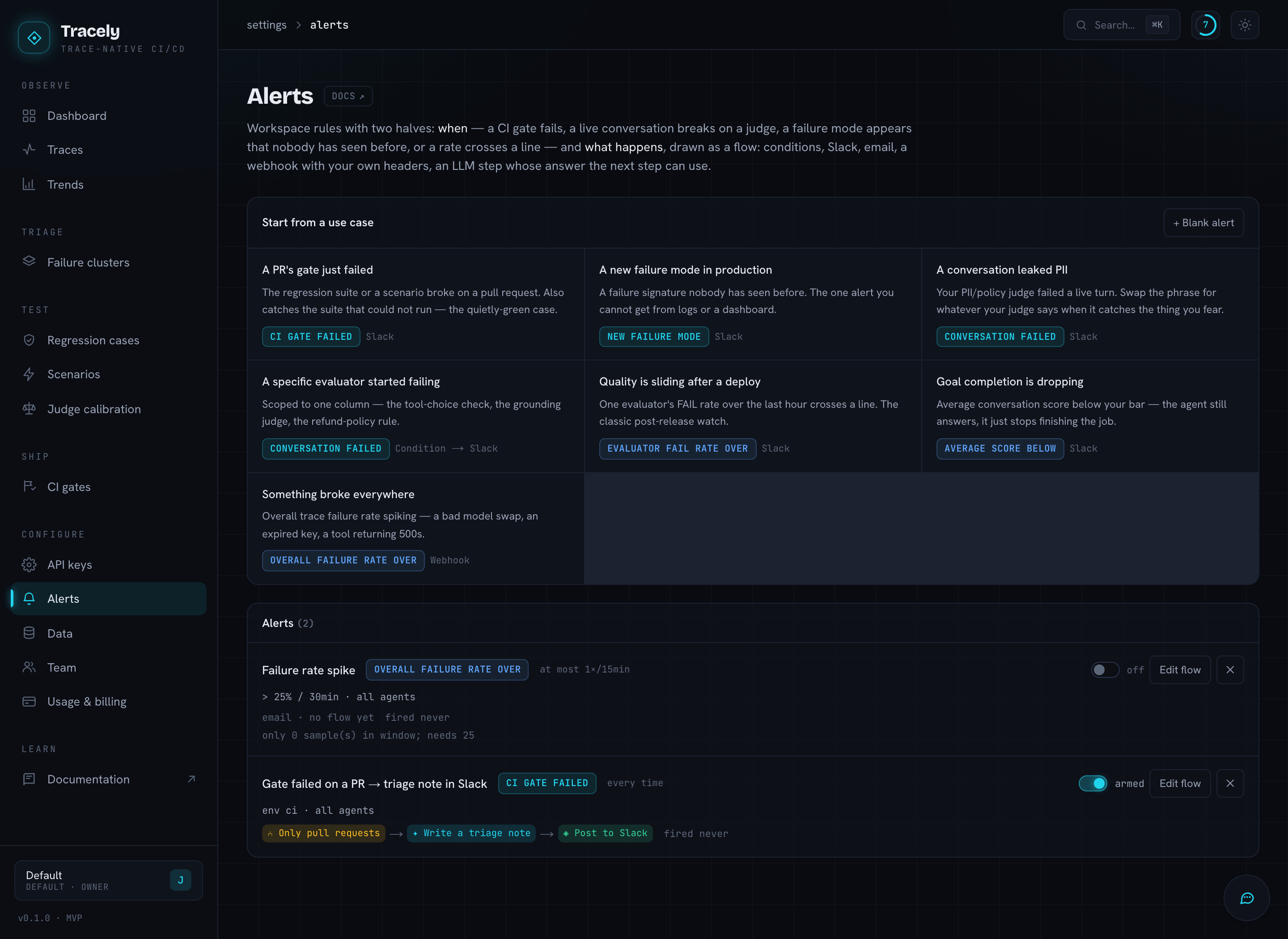 The alerts list: a gallery of use cases and two rules showing their trigger and their flow as a strip of steps