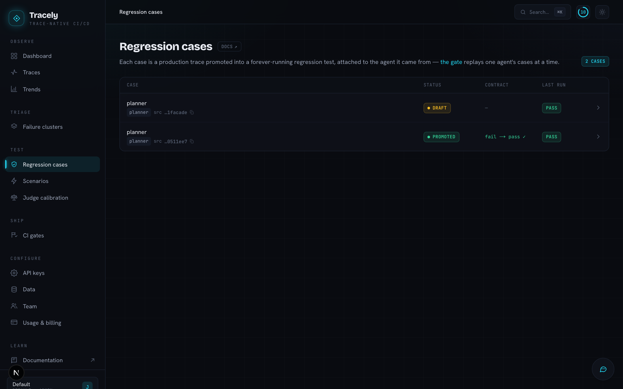 The regression cases list