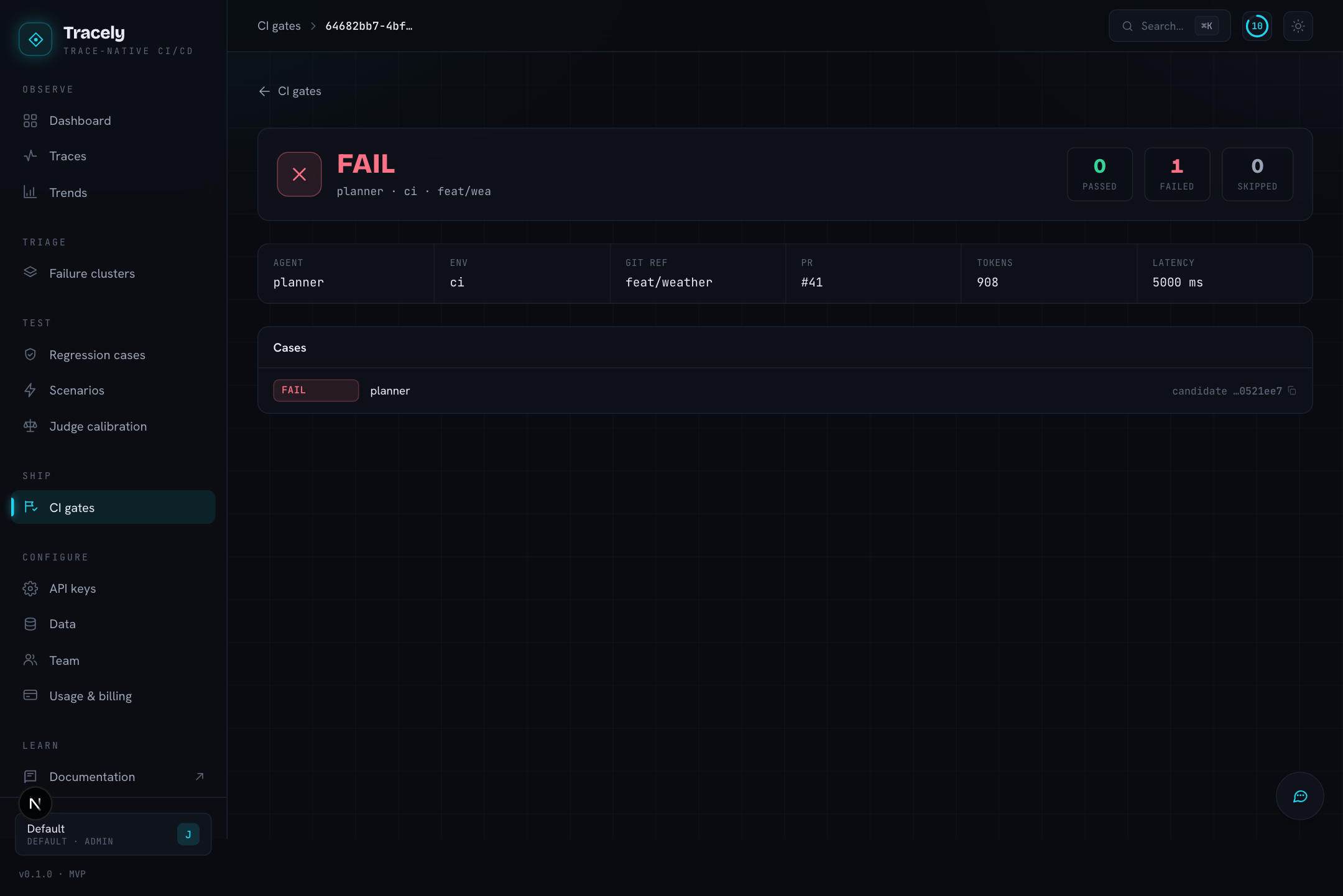 A gate run: status banner, warnings, per-case verdicts