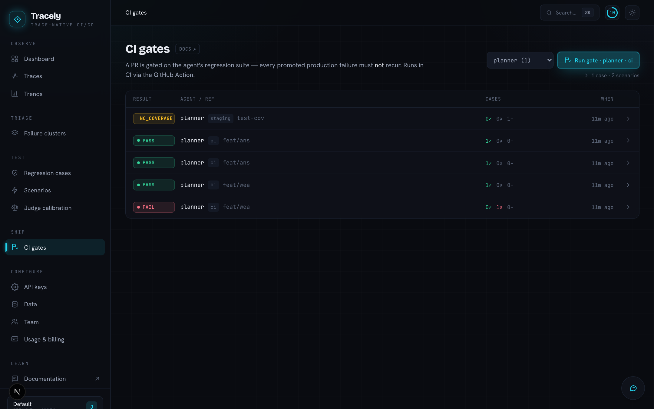 The Run gate control: agent picker and the Run gate button