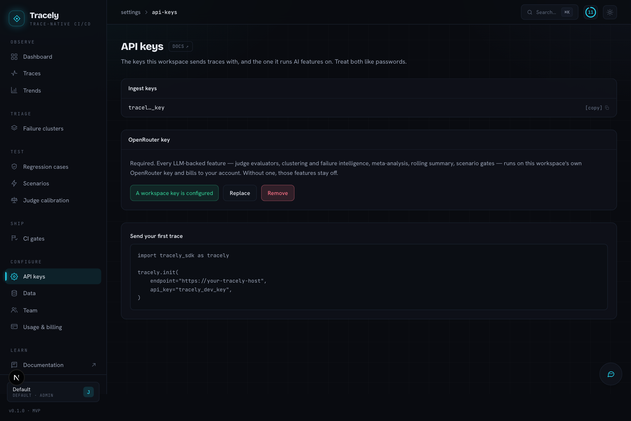 API keys: ingest keys and the OpenRouter key