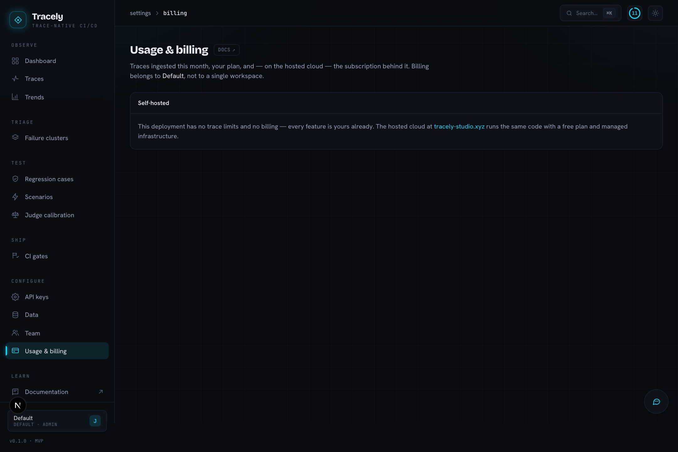 Usage & billing: traces this month, plan