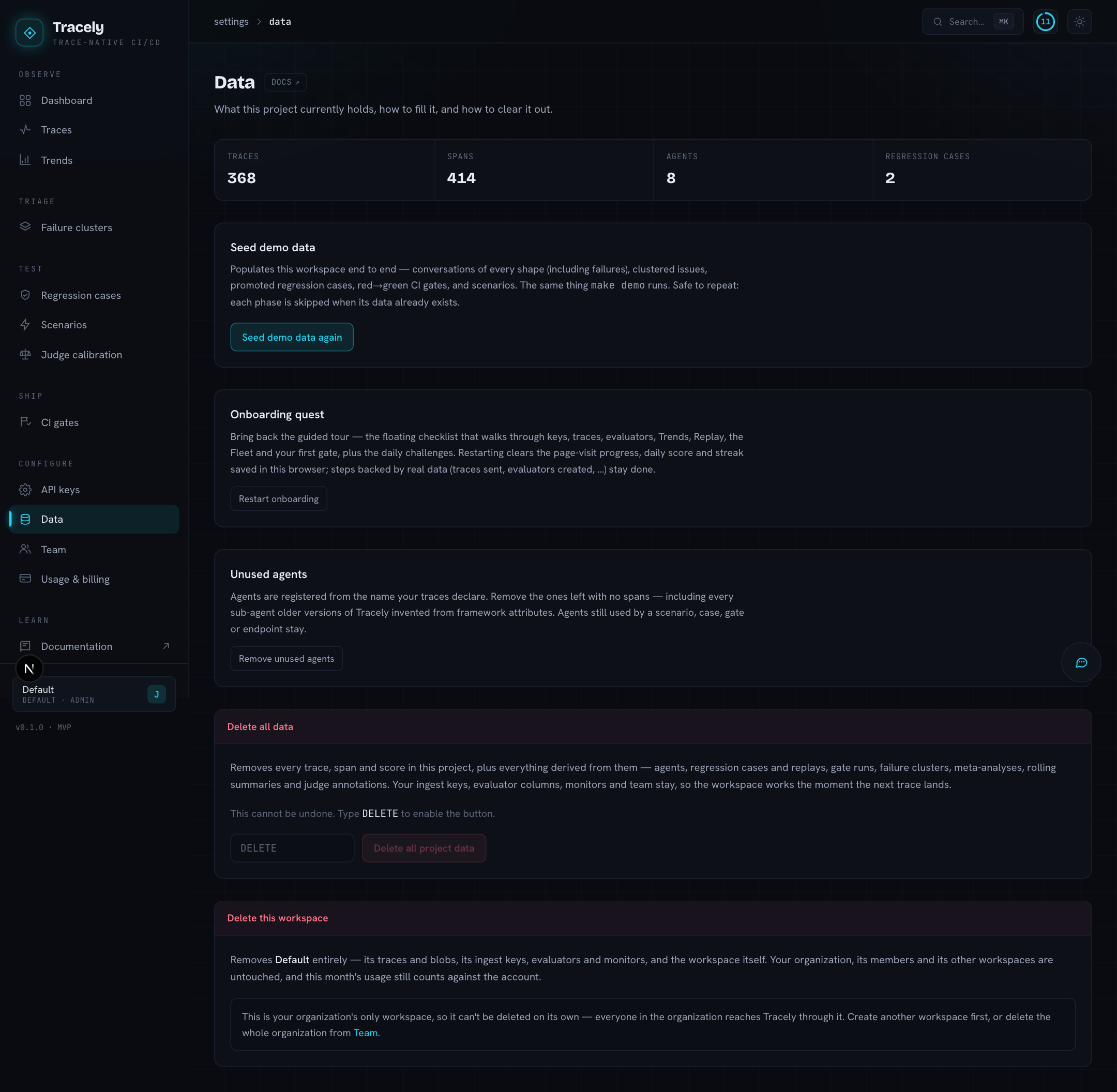 Data: counts, seed demo data, unused agents, danger zone