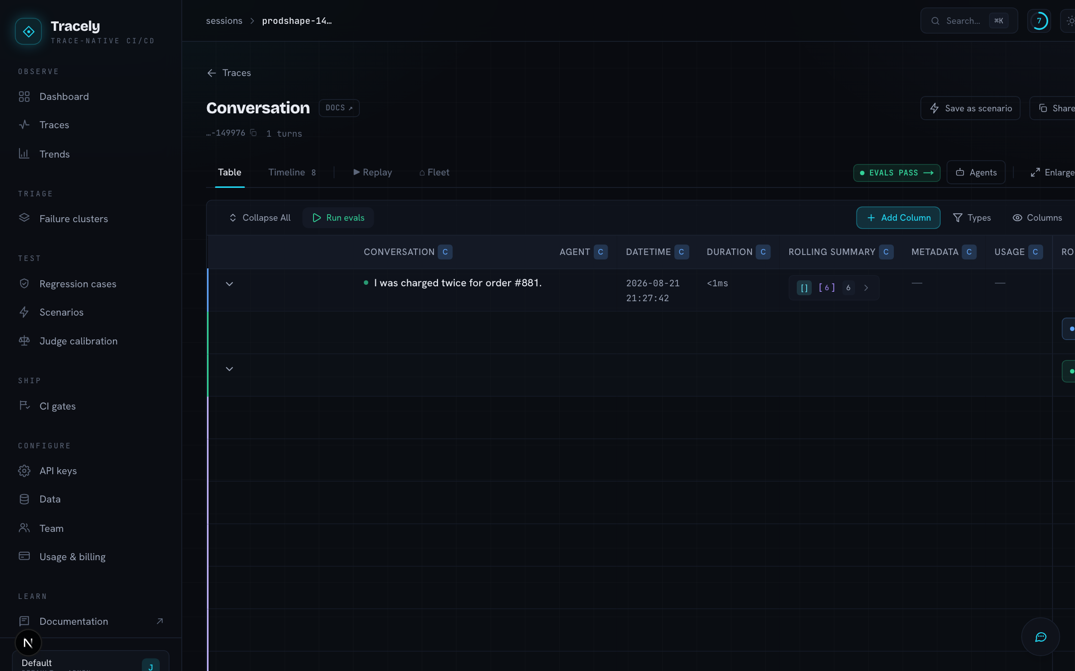 The Evals filter shows Tracely's own evaluation runs as traces